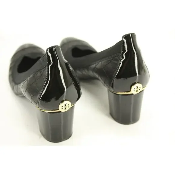 Tory Burch Black Leather Carrie Cap Toe Ballet Heels Pumps Size 7.5 Logo